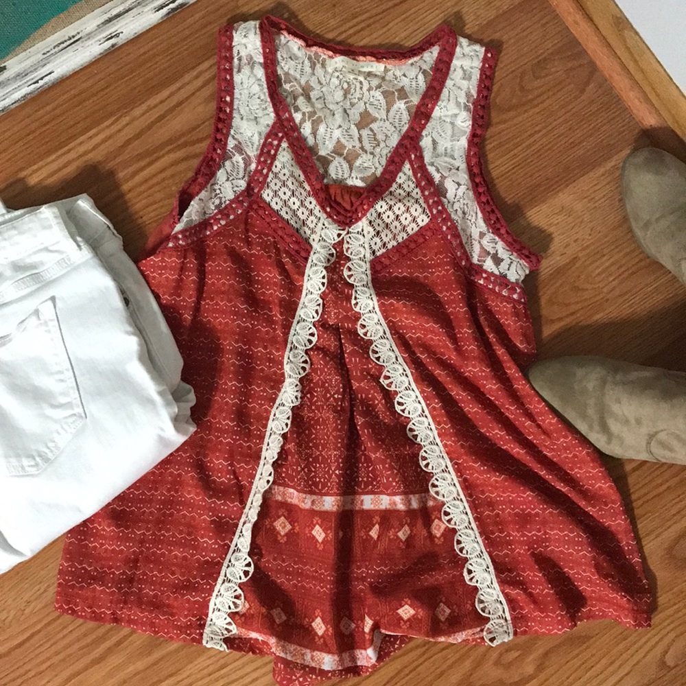 Burnt Orange Billowy Lace Tank